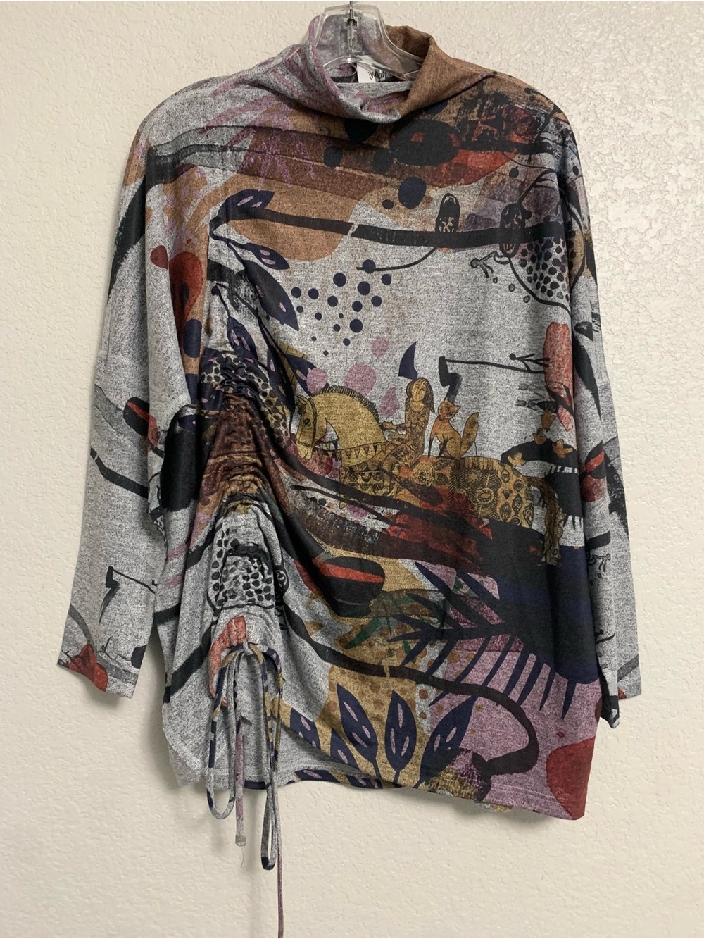 Inoah Sweater Top Womens S Oversized Mock Art To Wear Horse Tribal Print Ruched